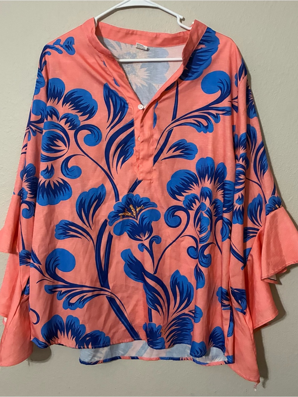 Women's Coral Floral V-Neck Blouse with Blue Print